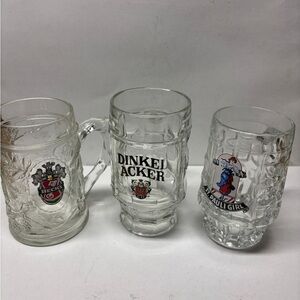 Set of 3 Vintage Glass Beer Mugs. Becks, St. Pauli Girl, Dinkel Acker